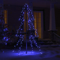 A 3x4 ft blue LED cone Christmas tree with 160 lights, displayed outdoors at night on a snowy porch.