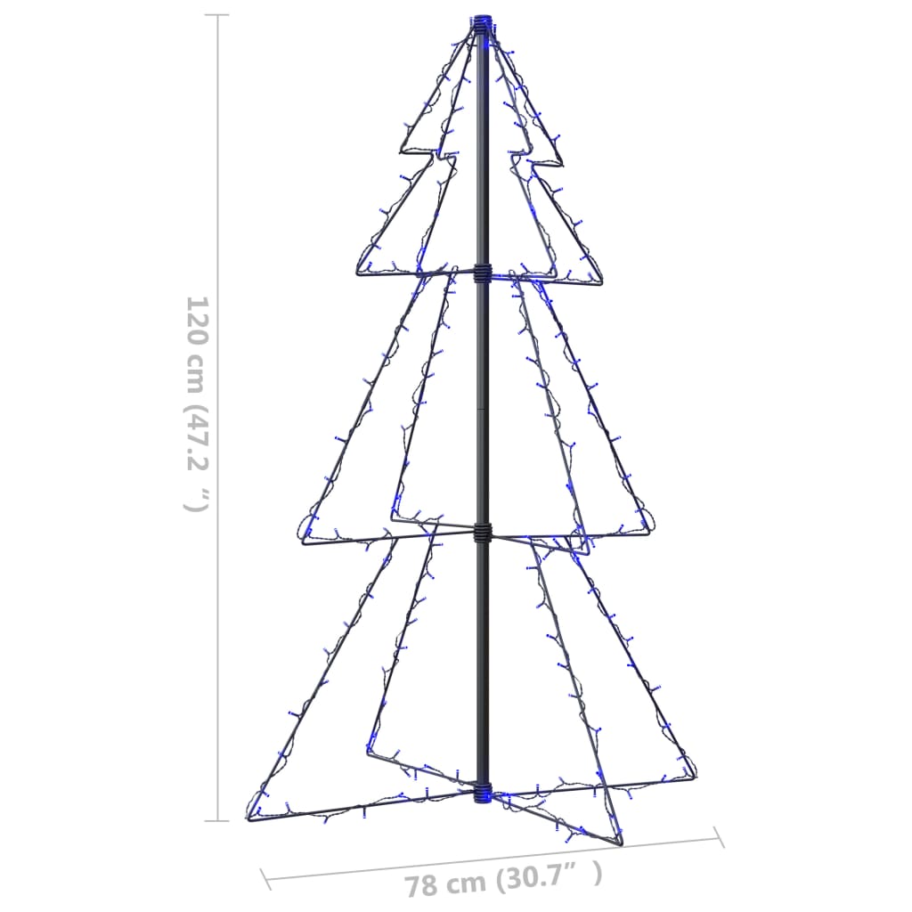 3x4 ft Christmas cone tree with 160 blue LEDs on a metal frame, shown with dimensions.