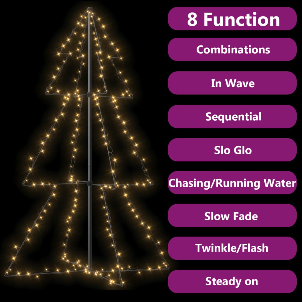 A 3x5 ft Christmas cone tree adorned with 200 warm white LED lights.