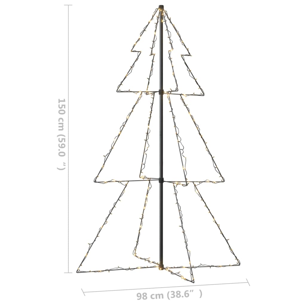 A 150 cm (59.0") tall Christmas cone tree with warm white LED lights and a 98 cm (38.6") base.