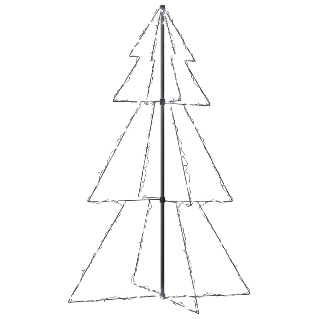 A white LED Christmas cone tree with a dark central pole and three tiered sections.