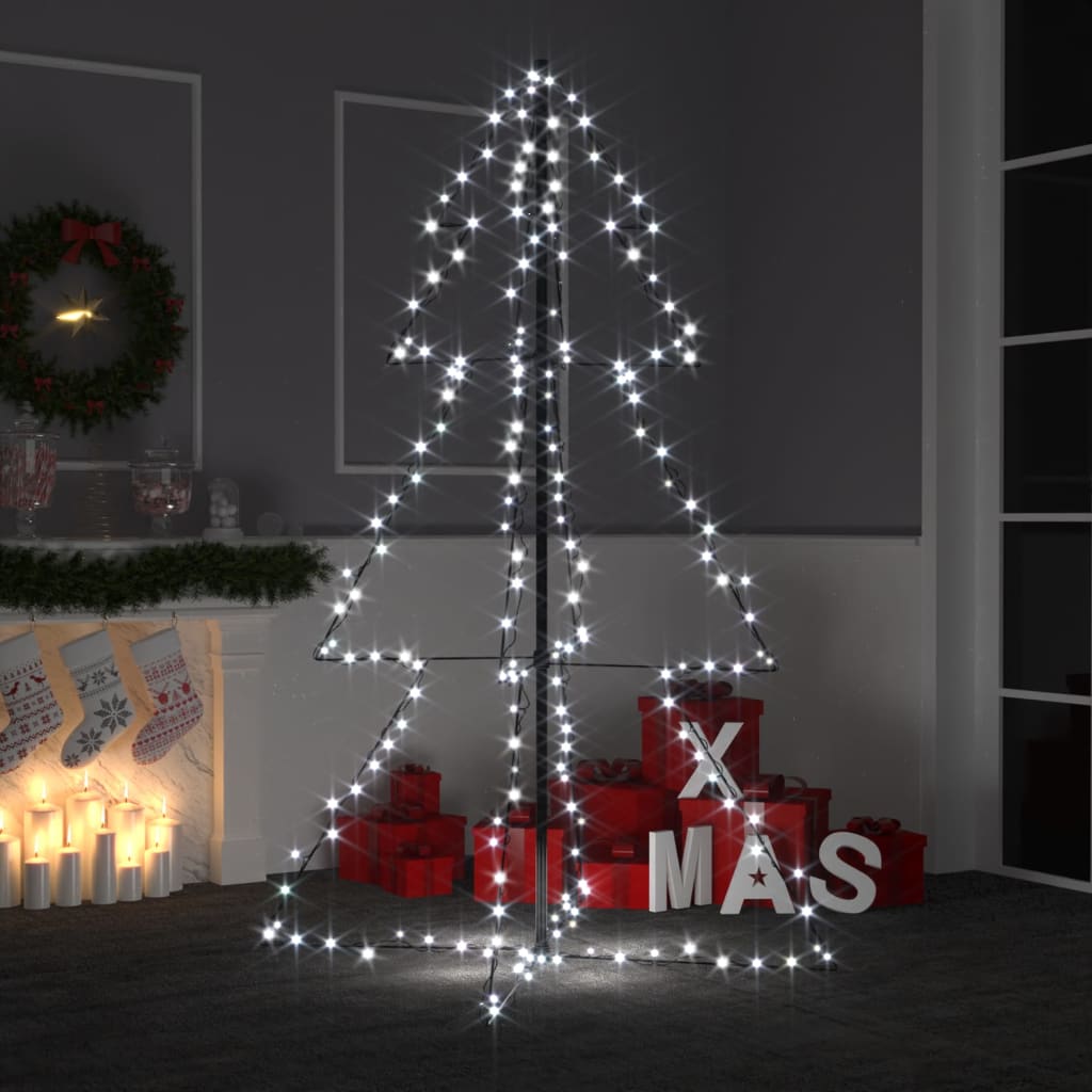 A 3x5 ft LED Christmas cone tree with 200 cold white lights stands in a festive room.