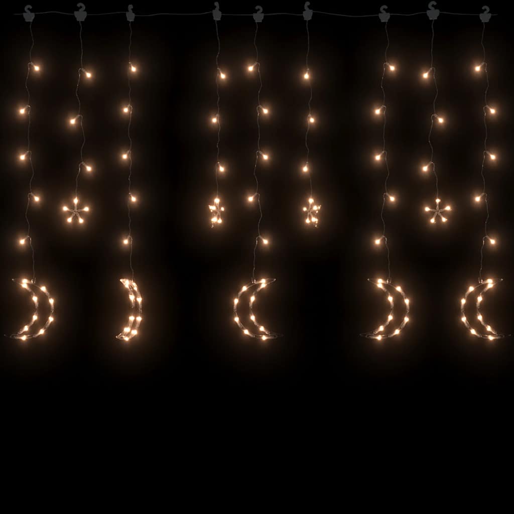 String of warm white LED fairy lights with star and moon shapes, 138 LEDs, remote control.