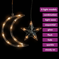 Star and moon fairy lights with 138 warm white LEDs and 8 remote-controlled modes.