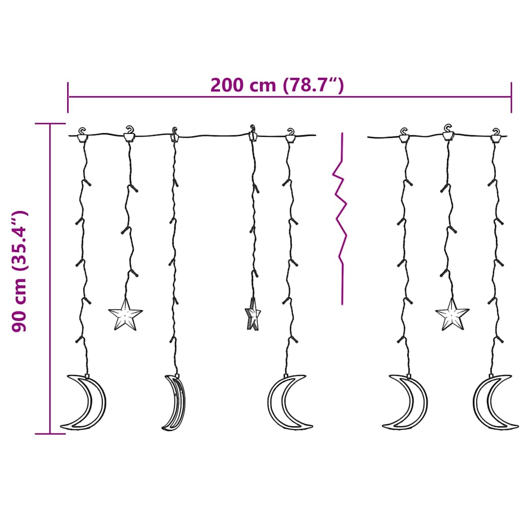 Diagram of 138 LED star and moon fairy lights, 200 cm wide by 90 cm drop, with remote.