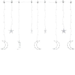 Curtain fairy lights with 138 cold white LEDs shaped as stars and moons, remote controlled.