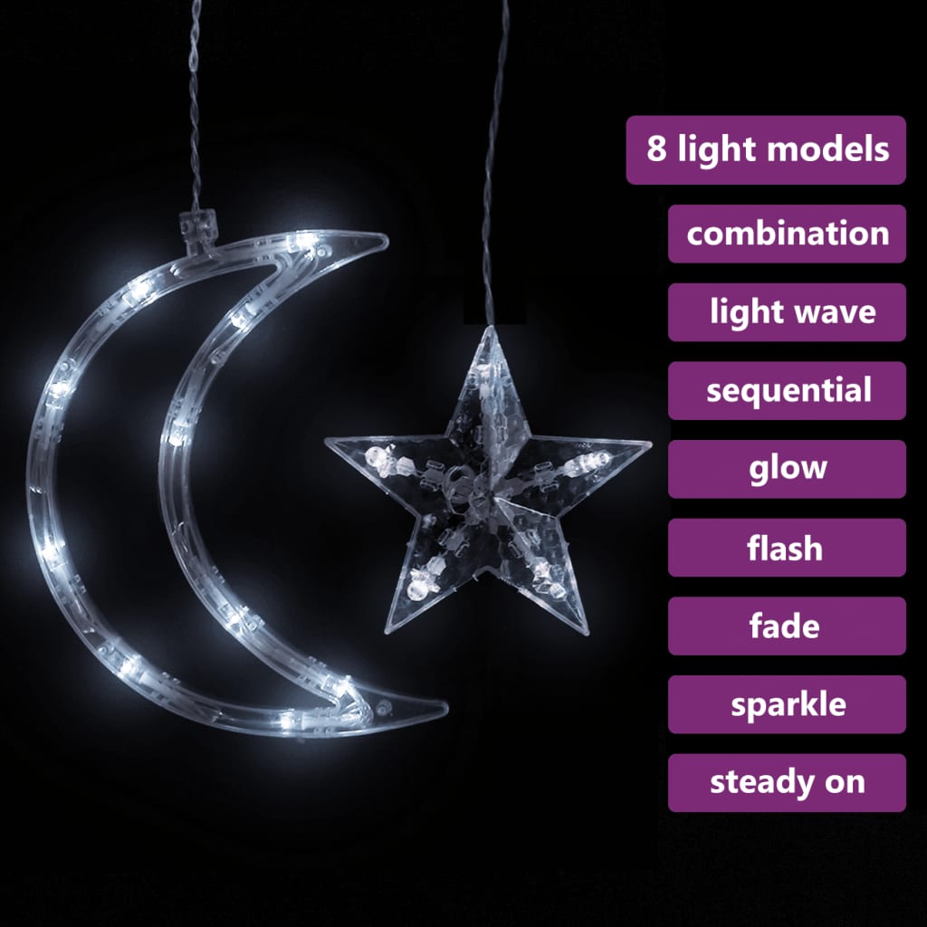 LED fairy lights with 138 cold white bulbs forming stars and moons, featuring 8 light modes.