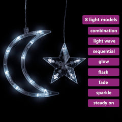 LED fairy lights with 138 cold white bulbs forming stars and moons, featuring 8 light modes.