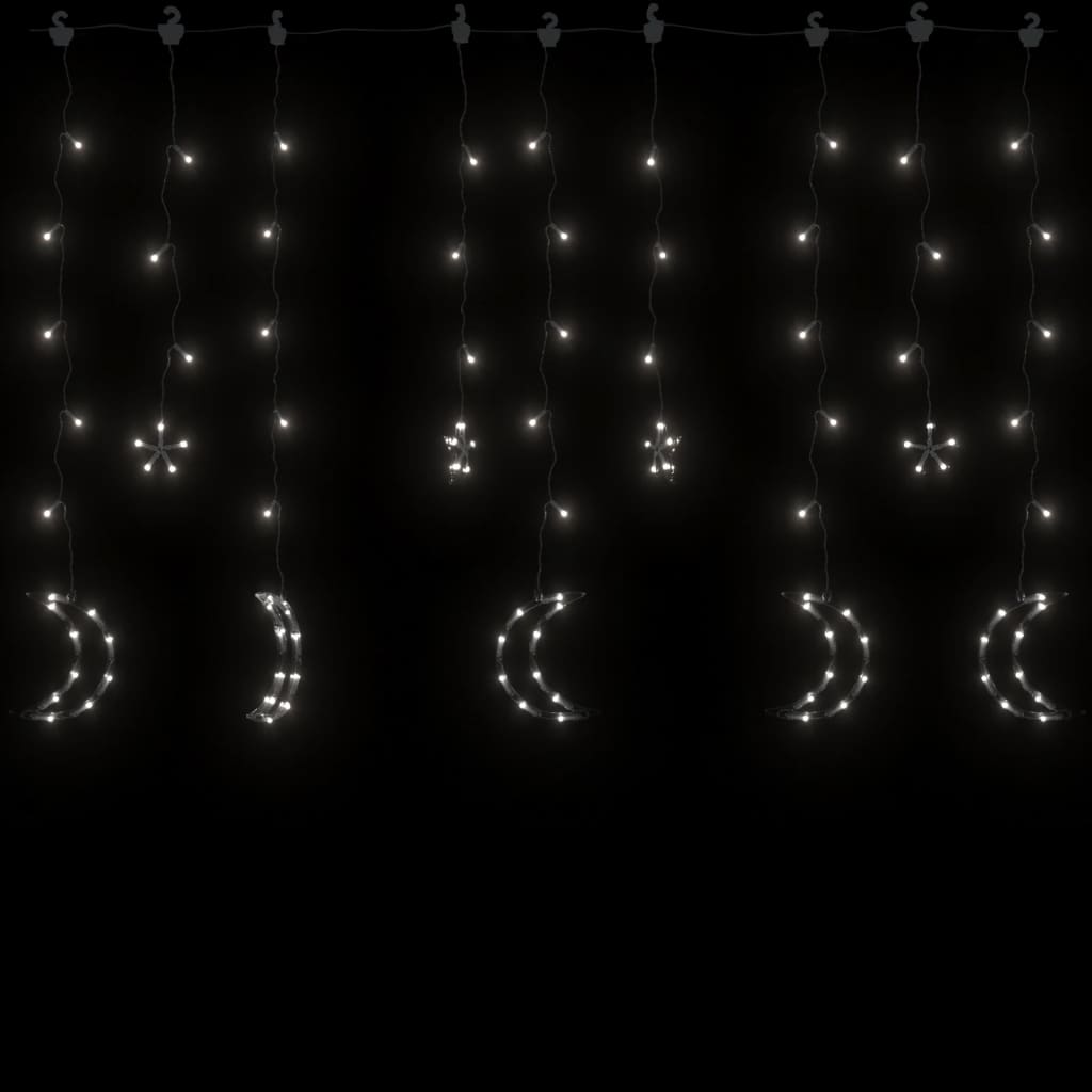 Curtain fairy lights with 138 cold white LEDs shaped as stars and moons, remote controlled.
