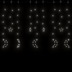 Curtain fairy lights with 138 cold white LEDs shaped as stars and moons, remote controlled.