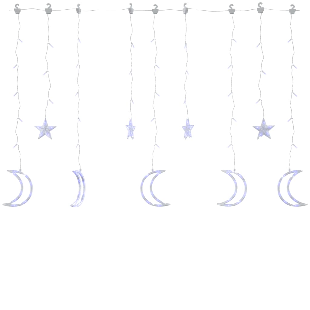 Blue star and moon fairy lights curtain with 138 LEDs and remote control.