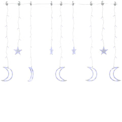 Blue star and moon fairy lights curtain with 138 LEDs and remote control.