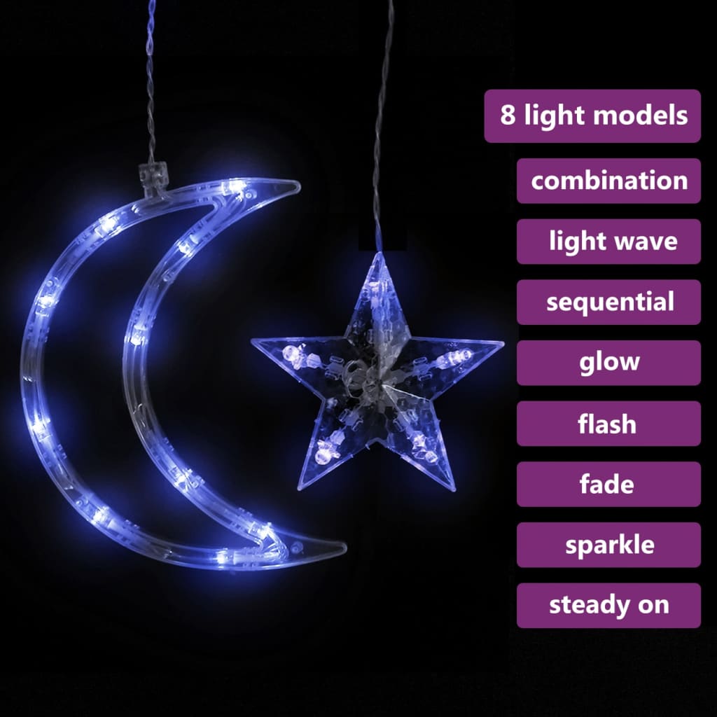 Blue LED star and moon fairy light curtain with 8 remote-controlled modes.