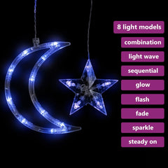 Blue LED star and moon fairy light curtain with 8 remote-controlled modes.