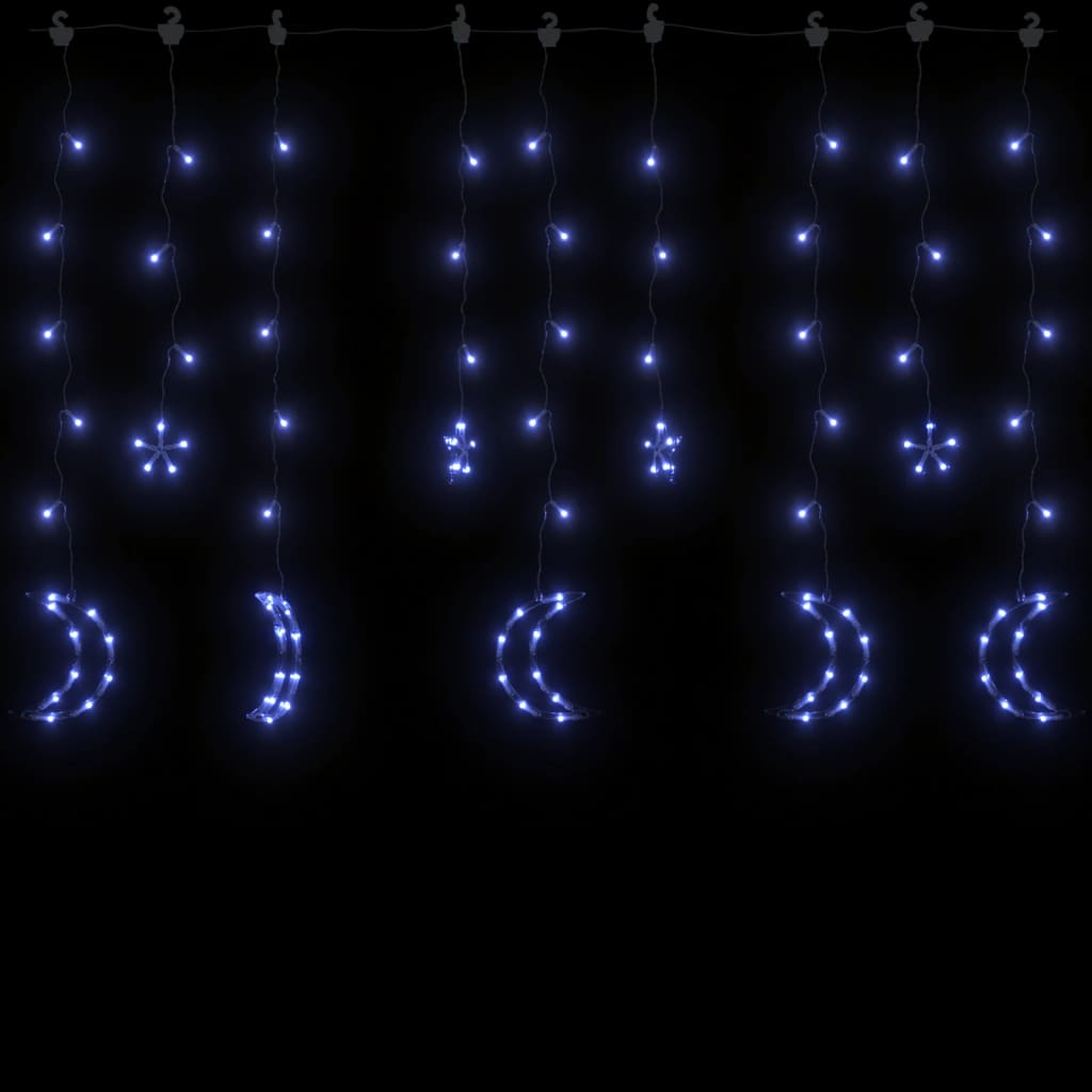 Blue LED fairy lights curtain with star and moon shapes, 138 LEDs, remote control.