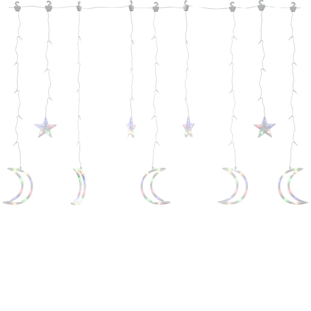 Colorful LED fairy lights strand with star and moon shapes, 138 LEDs, remote control.