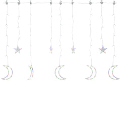 Colorful LED fairy lights strand with star and moon shapes, 138 LEDs, remote control.