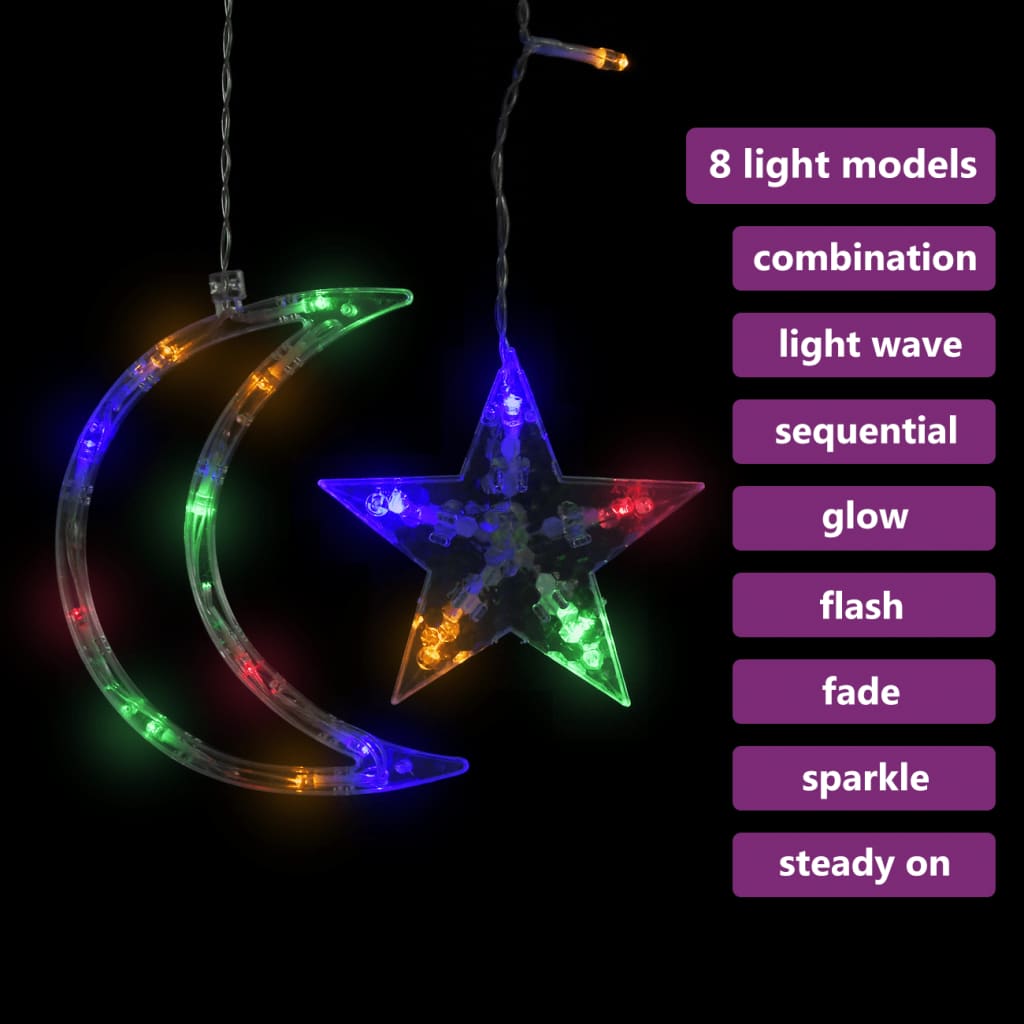 Colorful LED star and moon fairy lights with 8 modes, remote control, and USB power.