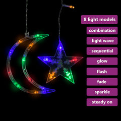 Colorful LED star and moon fairy lights with 8 modes, remote control, and USB power.