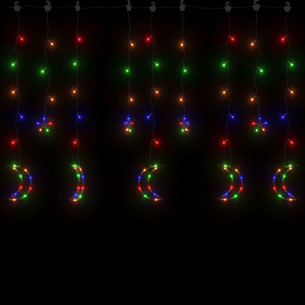 Colorful LED fairy lights with 138 star and moon shapes, remote control, on black background.