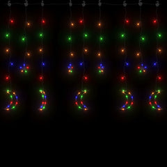 Colorful LED fairy lights with 138 star and moon shapes, remote control, on black background.