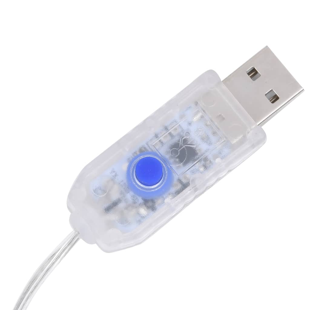 A close-up of a USB-powered LED fairy light controller with blue button and transparent casing.
