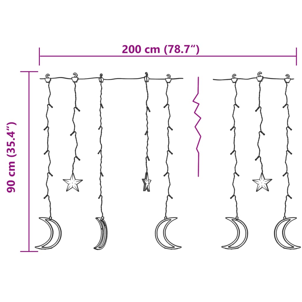 Diagram of 138 LED star and moon fairy lights strand, 200 cm wide by 90 cm drop, with remote control.