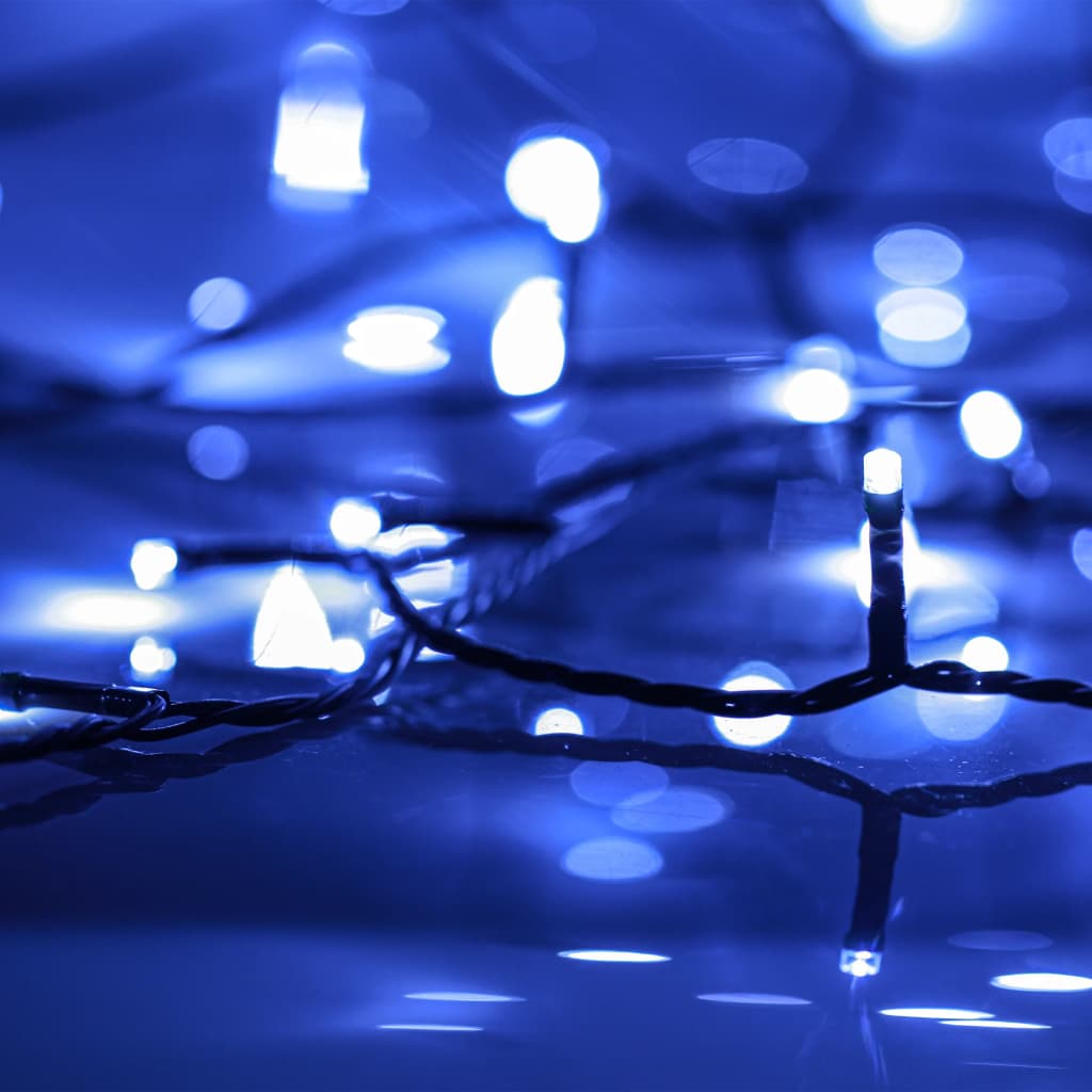 Blue LED string lights with 400 bulbs on a 131-foot waterproof wire, showing glowing strands.