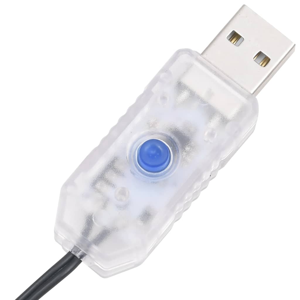 Close-up of a USB connector for the Bostome 400 Blue LED String Lights with a blue inline button.