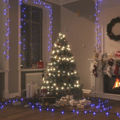 Blue LED string lights draped around a cozy living room with Christmas tree and fireplace.