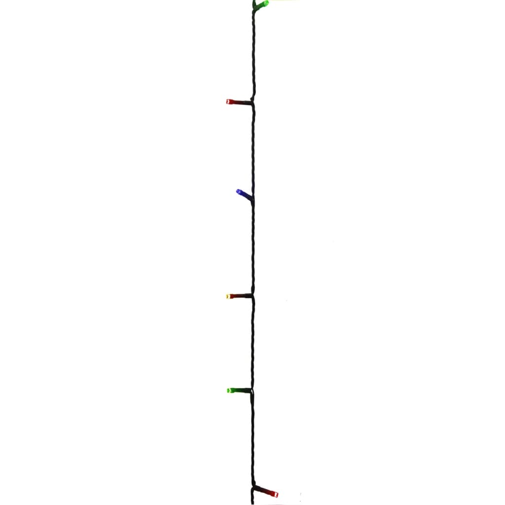 A black string of multicolor LED lights with red, blue, green, and yellow bulbs.