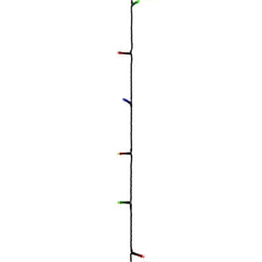 A black string of multicolor LED lights with red, blue, green, and yellow bulbs.