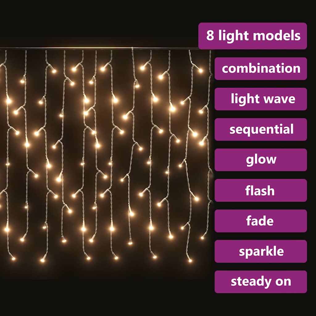 LED curtain icicle lights with 400 warm white LEDs and 8 lighting modes displayed.