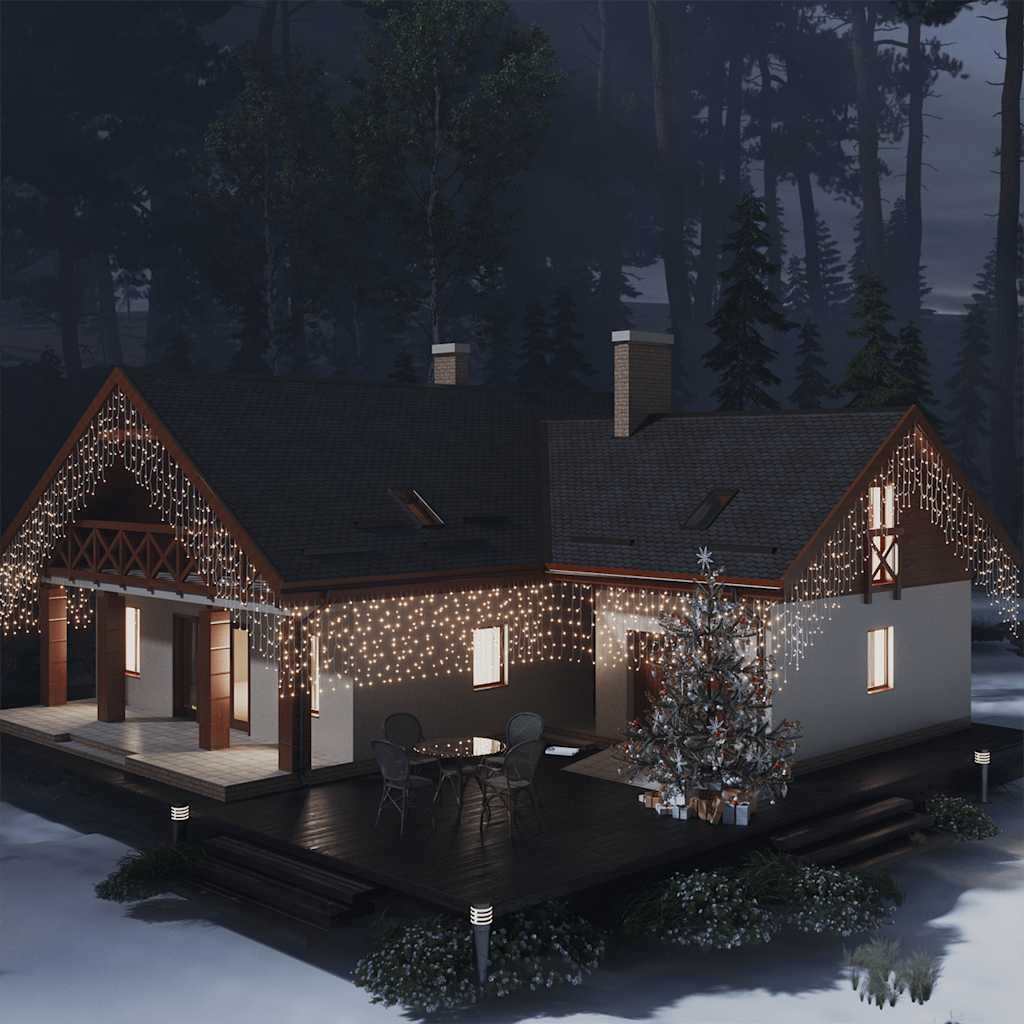 LED curtain icicle lights with 400 warm white LEDs draped over a snowy wooden house at night.