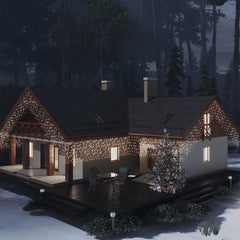 LED curtain icicle lights with 400 warm white LEDs draped over a snowy wooden house at night.