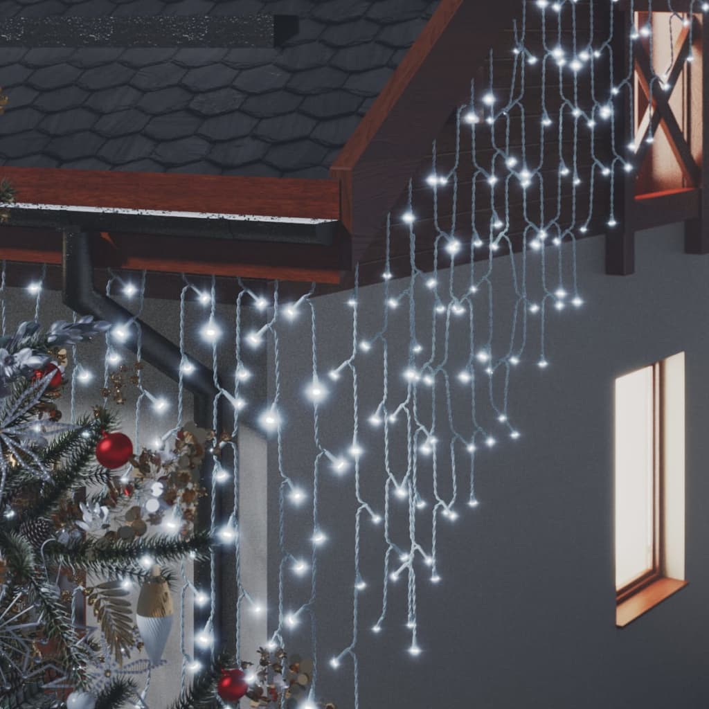 LED curtain icicle lights with 400 cold white LEDs draped over a house exterior.