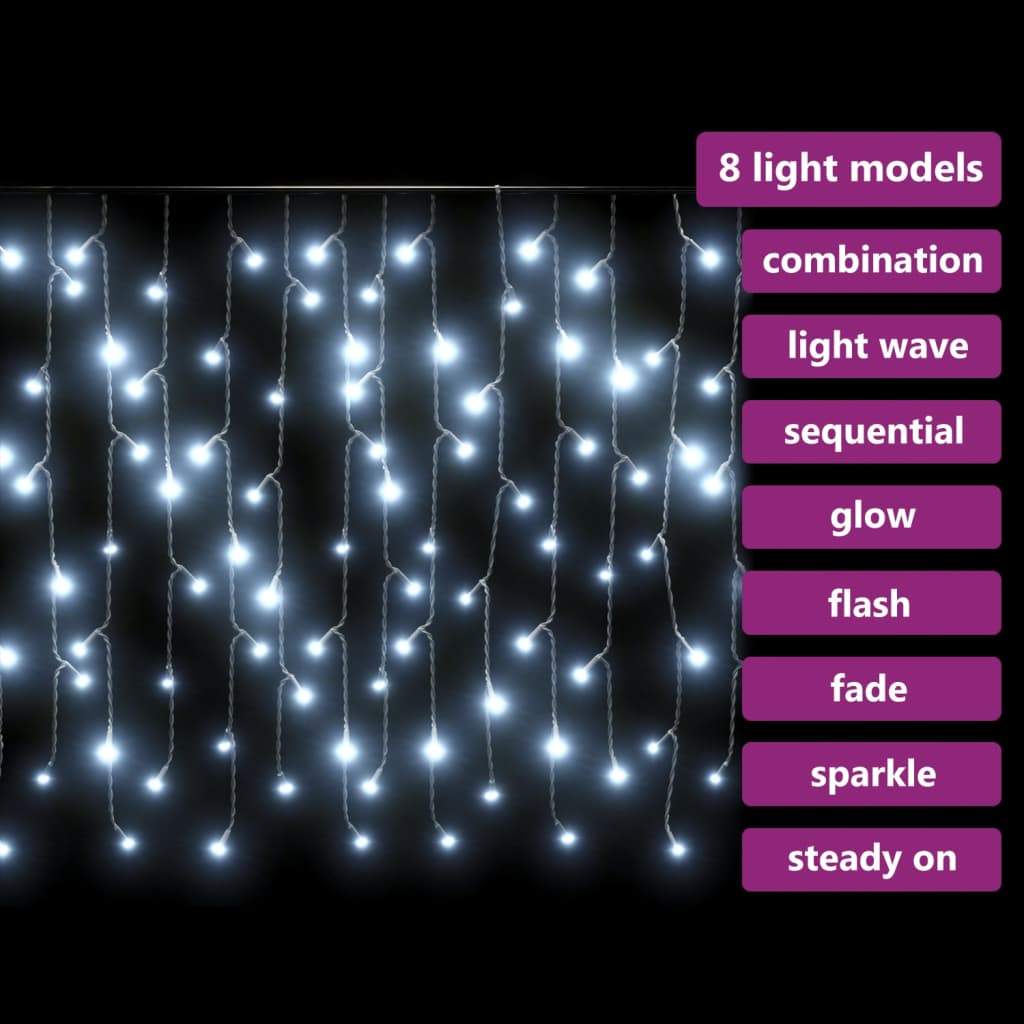 LED curtain icicle lights with 400 cold white LEDs in 8 modes like steady on, glow, and sparkle.