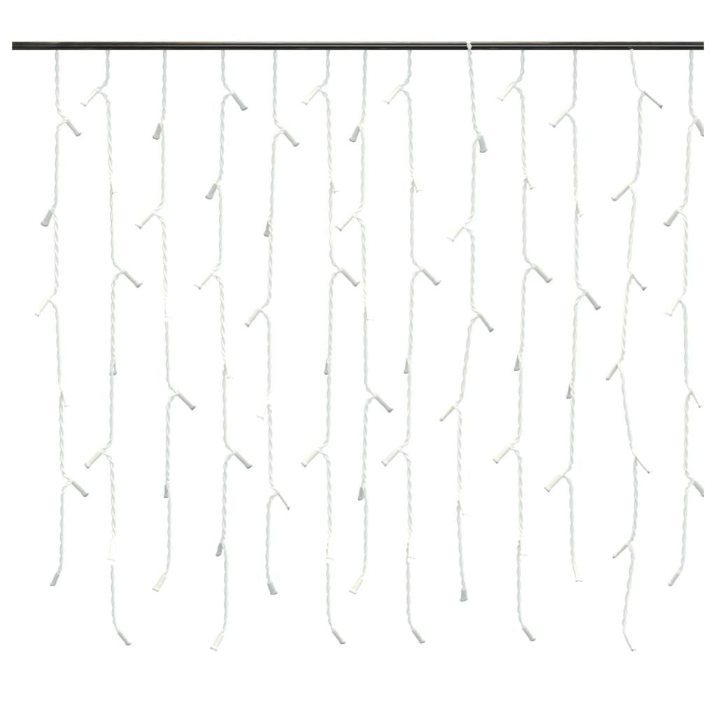 A curtain of white icicle lights hangs from a dark bar.