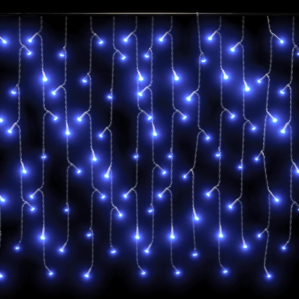 Blue LED curtain icicle lights with 400 LEDs on a 393.7-inch strand.