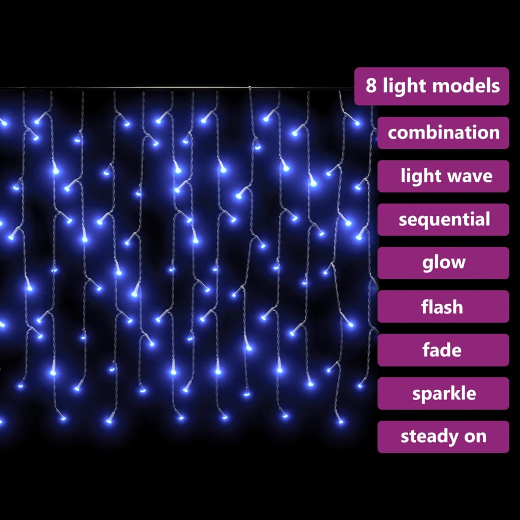 Blue LED curtain icicle lights with 8 light modes displayed on the right.