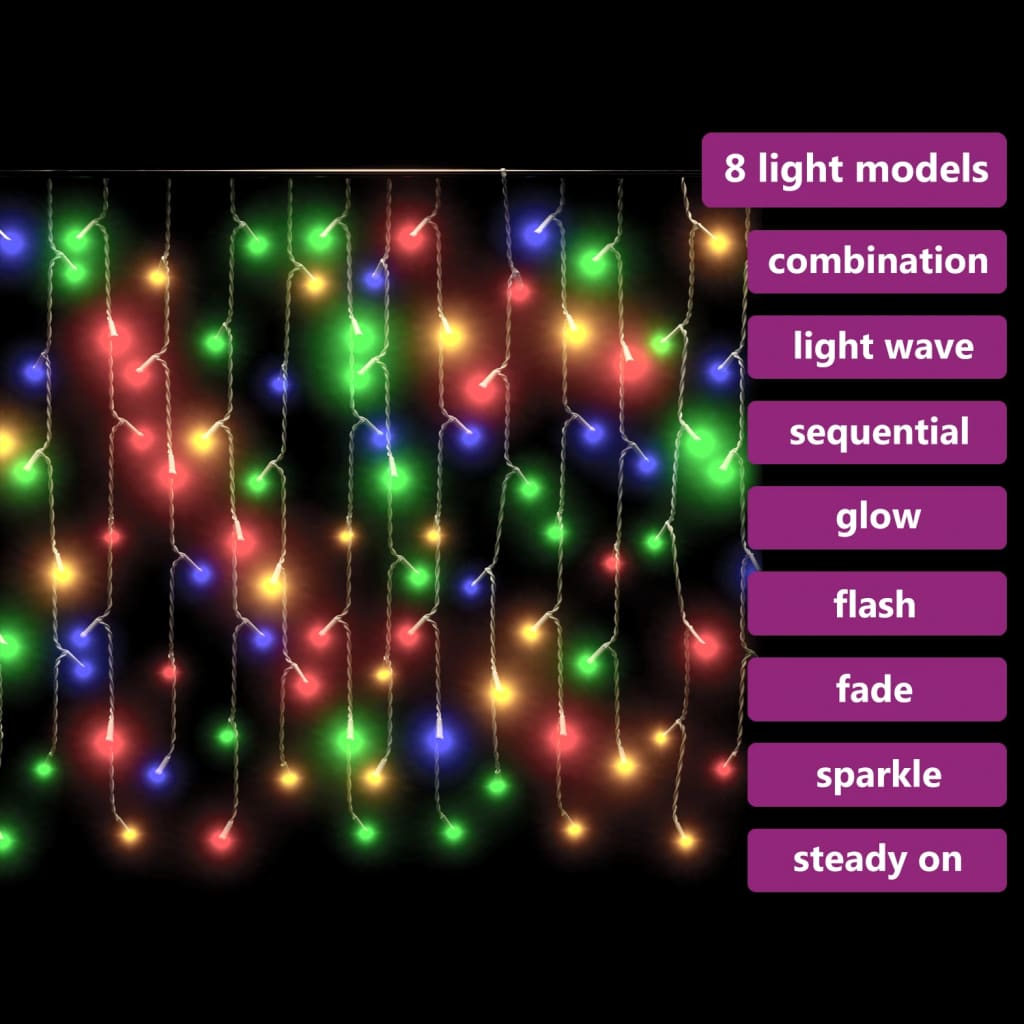 Colorful LED curtain icicle lights with 400 bulbs in 8 modes including combination, wave, sequential, glow, flash, fade, sparkle, and steady on.
