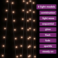 Bostome LED curtain fairy lights with 300 warm white LEDs and 8 lighting modes in 9.8'x9.8' size