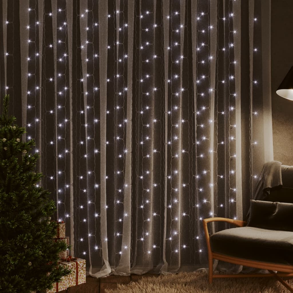 LED curtain fairy lights with 300 cold white LEDs forming a 9.8x9.8-foot sparkling panel.
