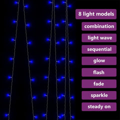 Blue LED curtain fairy lights with 300 bulbs and 8 lighting modes on a 9.8'x9.8' grid