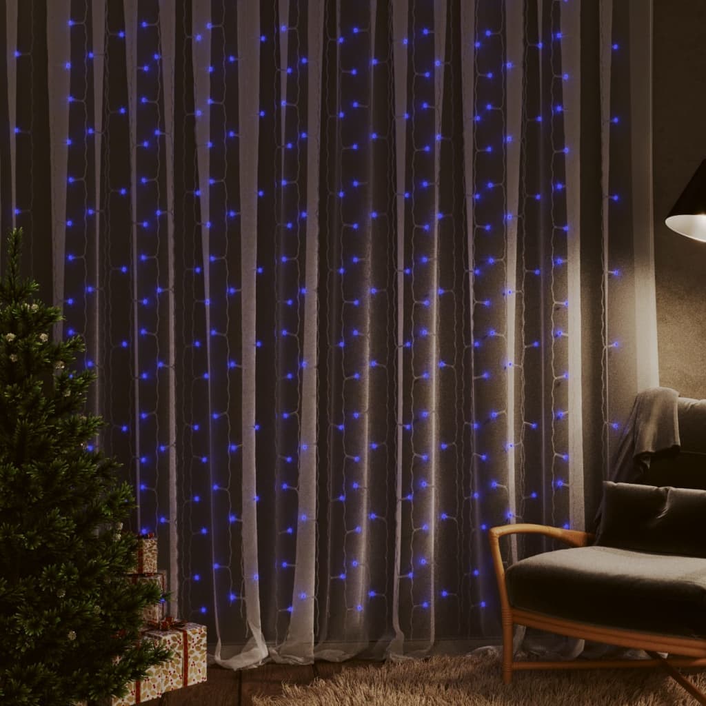 Blue LED curtain fairy lights with 300 bulbs and 8 lighting modes, 9.8 by 9.8 feet size.