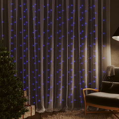 Blue LED curtain fairy lights with 300 bulbs and 8 lighting modes, 9.8 by 9.8 feet size.