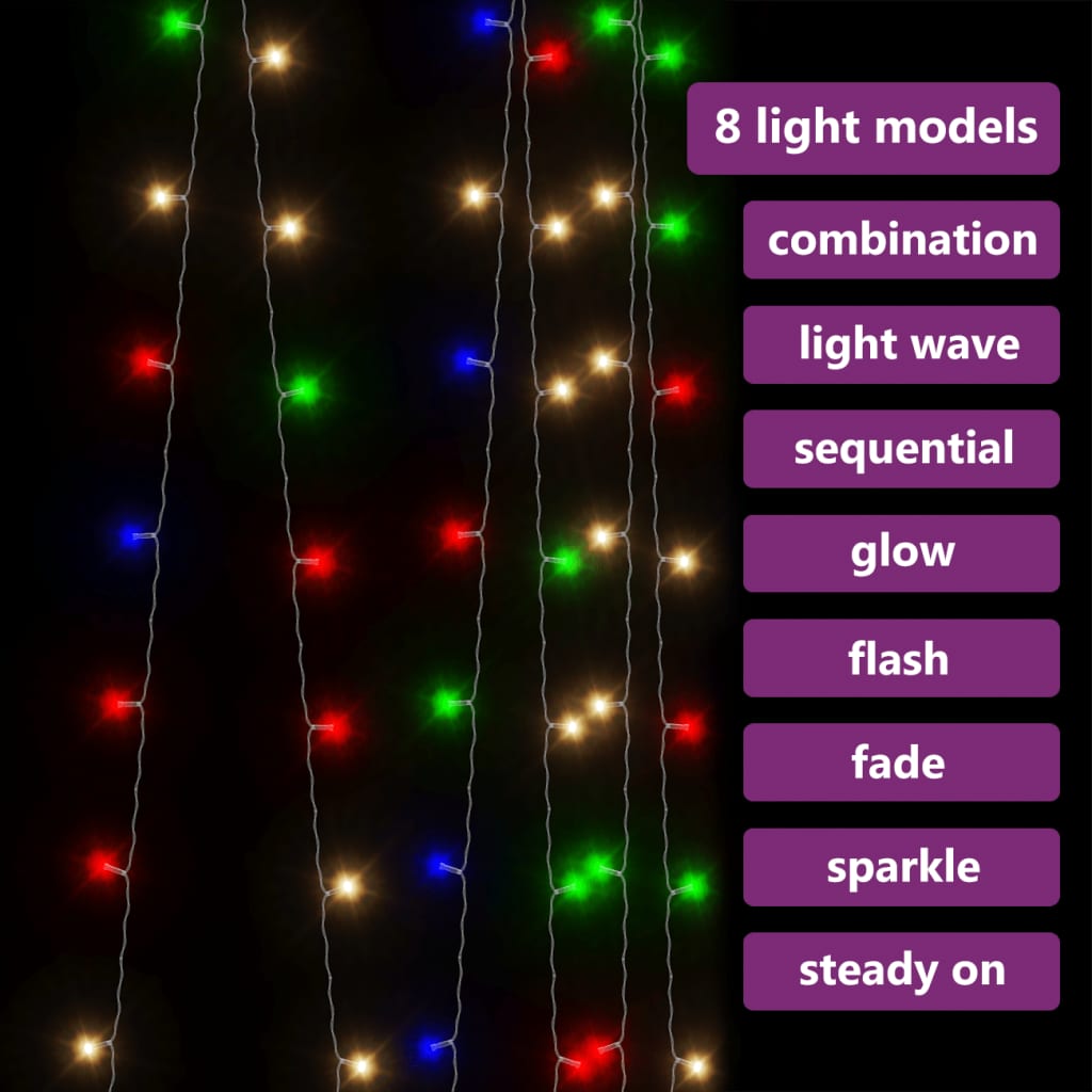 LED curtain fairy lights, 9.8x9.8 feet with 300 colorful LEDs in 8 modes like sequential and fade.