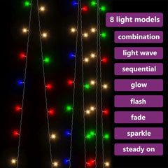 LED curtain fairy lights, 9.8x9.8 feet with 300 colorful LEDs in 8 modes like sequential and fade.
