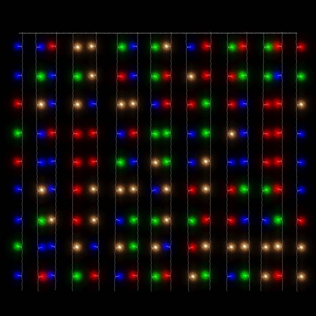 A 9.8x9.8-foot LED curtain fairy light with 300 colorful LEDs in a grid pattern.