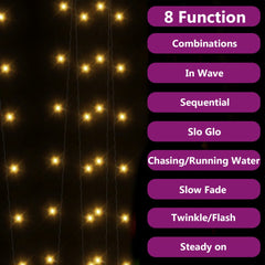 Image of Bostome Solar Fairy Lights showing 8 modes: combinations, in wave, sequential, slo glo, chasing/running water, slow fade, twinkle/flash, steady on.